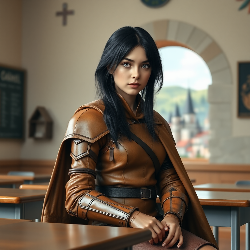 beautiful young woman, dark hair past her shoulders, blue eyes, small, slim figure, wearing tan full leather armor suit with long cape, sitting in a school classroom at student desk with the wall missing with a beautiful medieval village in the background.