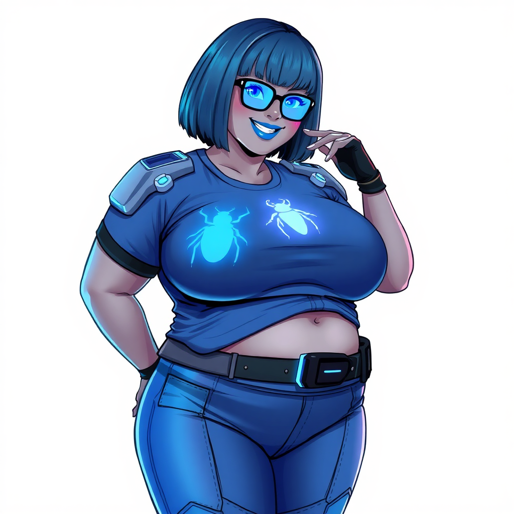 A 28-year-old, full-figured, metallic middle gray (N5) skinned computer program hybrid with a maximum blue bob cut. She has a non-athletic build, highlighted by a prominent, round, large midsection (with emphasis on her belly), which shows the effects of her new love of junk food acquired from her boyfriend. As the full-figured, nerdy, digital sidekick to her cyberpunk vigilante boyfriend, her metallic middle gray skin and maximum blue lipstick (5PB 5/12) emphasize her digital nature. Her skin has a subtle, animated glow, with digital patterns occasionally flickering across it, making her digital nature obvious. She wears a digital, computerized costume, consisting of a huge, tight-fitting, maximum blue t-shirt (5PB 5/12) with a neon blue glowing chest icon of a beetle, hi-tech shoulder pads with neon blue accents, a black hi-tech belt with a digital neon blue glowing buckle, digital maximum blue biker pants (5PB 5/12) with neon blue accents, and black hi-tech fingerless biker gloves with neon blue glowing accents. Her neon blue glowing eyes, black eyeglasses with neon blue glowing lenses equipped with a built-in HUD, and bashful smile with neon red blush accentuate her nerdiness. She stands bashfully with one hand behind her back and the other hand gently touching her cheek, her costume covering all her skin and emphasizing her full-figured physique (especially her belly). She is clearly non-athletic, with a focus on her full-figured physique. Despite her build, she radiates beauty. She has a slim face compared to her physique, accentuating her radiant beauty. She is on a solid white background. She is drawn as if she were in a retro 2D cyberpunk fighting game.