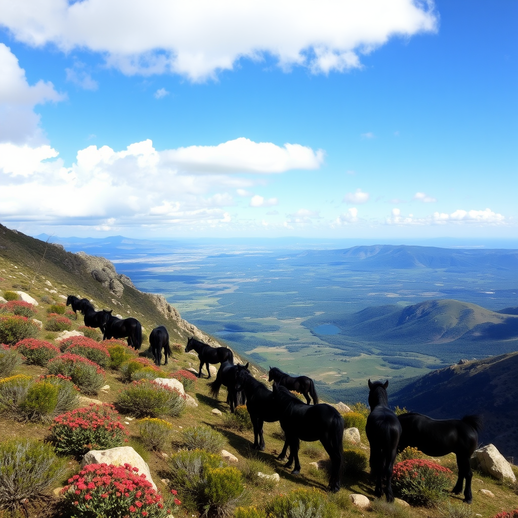 Long high plateau with its dark wild ponies, Mediterranean vegetation featuring rockrose, myrtle, oaks, junipers, with small lakes and large rocks, and a blue sky with white clouds.