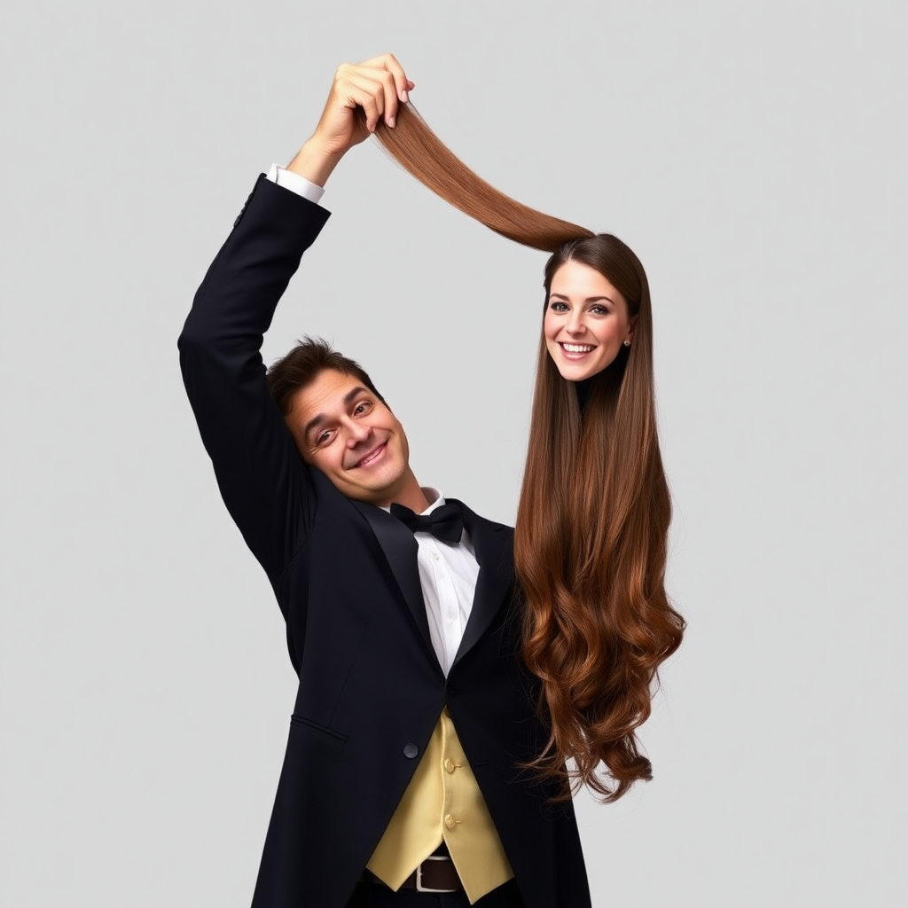 A surreal image of a smiling male magician holding up the disembodied head of a very long haired Kate Middleton. He is grabbing her very long hair and pulling it up high in the air, while her head is hanging by her hair from his grasp to display it to the camera. Plain gray background.