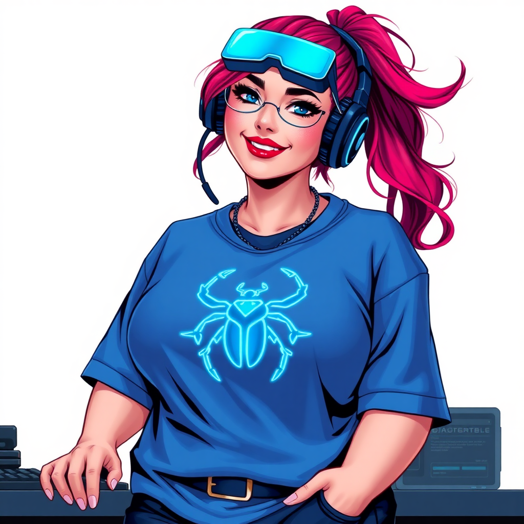 A cyberpunk vigilante’s full-figured intelligent and tech-savvy 29-year-old girlfriend, who is a computer hacker and tech genius. She has a long ruby red ponytail and bright blue eyes. She wears maximum blue lipstick, a sapphire beetle gemstone necklace, sapphire earrings, and an oversized maximum blue t-shirt featuring a neon blue glowing icon of a beetle on its chest. She has a full-figured physique with a prominent, enormous, round midsection, reflecting her well-cared-for lifestyle. She sports a sapphire headset with hi-tech maximum turquoise lensed HUD eyeglasses, and a beaming smile with a passionate bright red blush. Despite her figure and a lack of self-esteem, she radiates beauty. She has a slim face which contributes to her radiant beauty. She serves as his tech expert from his hideout, diligently working at her lab table and computer desk. The background is solid white. She is drawn as if she was in a retro 2D cyberpunk fighting game.