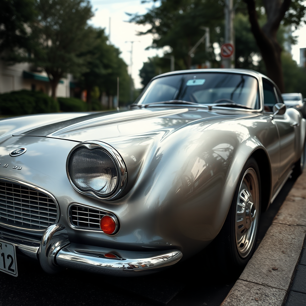 metallic shine classic car is parked on the side of the road, inspired by Taiyō Matsumoto, tumblr, restomod, nd4, c4