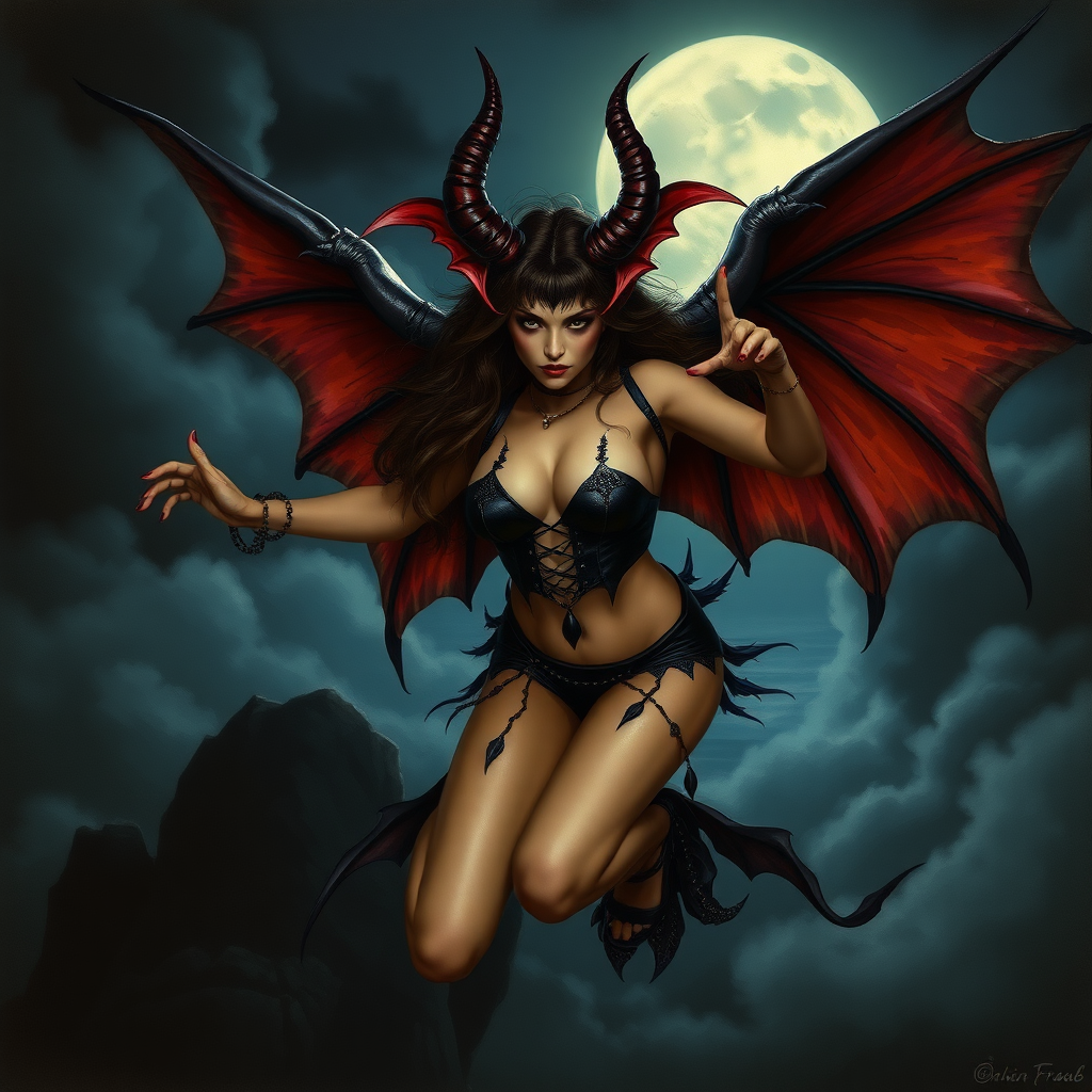 A beautiful winged succubus staring wickedly her outfit is designed to entice. She's flying high in a dark, moonlit sky. The wicked scene is dark and spooky with the art styling of Brian Froud. Cosplayed by a young vicious Drew Barrymore.