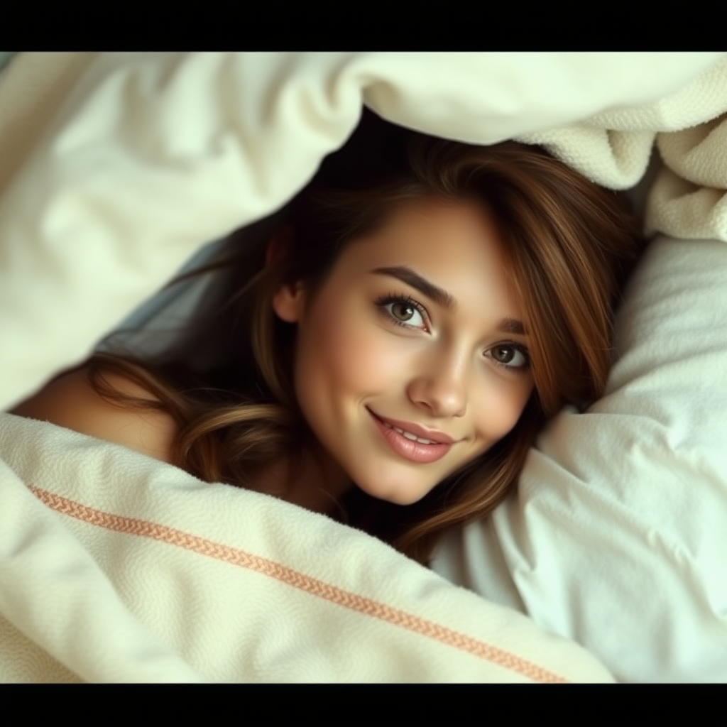 a young woman with brunette hair and brown eyes in a bed covered by a blanket. she looks out under the margin of the blanket. smiling to the photographer. Photo