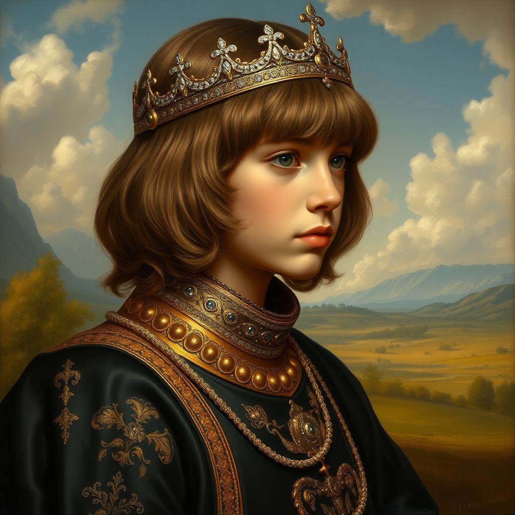 16yo teen boy prince, long bob cut, embroidered with gold and diamonds medieval cloths, diamond diadem, and Beautiful War. Free style by Adolphe William Bouguereau Academic realism. The background is in the style of landscape style by Antonio del Polaiolo, Generating the signature at the bottom: Viva FLUX & Bach, ultra high resolution, 16K,