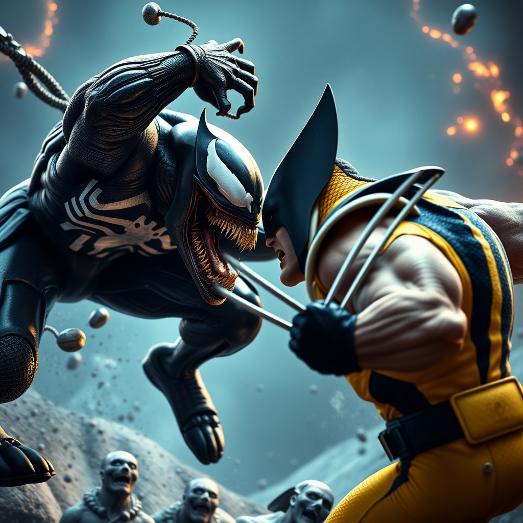 Jumping out of an epic comic book cover is Venom Vs Wolverine head-to-head in battle. Cinematic Real3d photo-realistic quality.