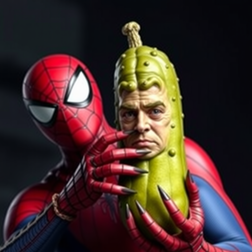 Spider-Man holding a humanoid pickle that looks like Nicolas Cage as a swamp creature. The pickle has the face of Nicolas Cage and claws.