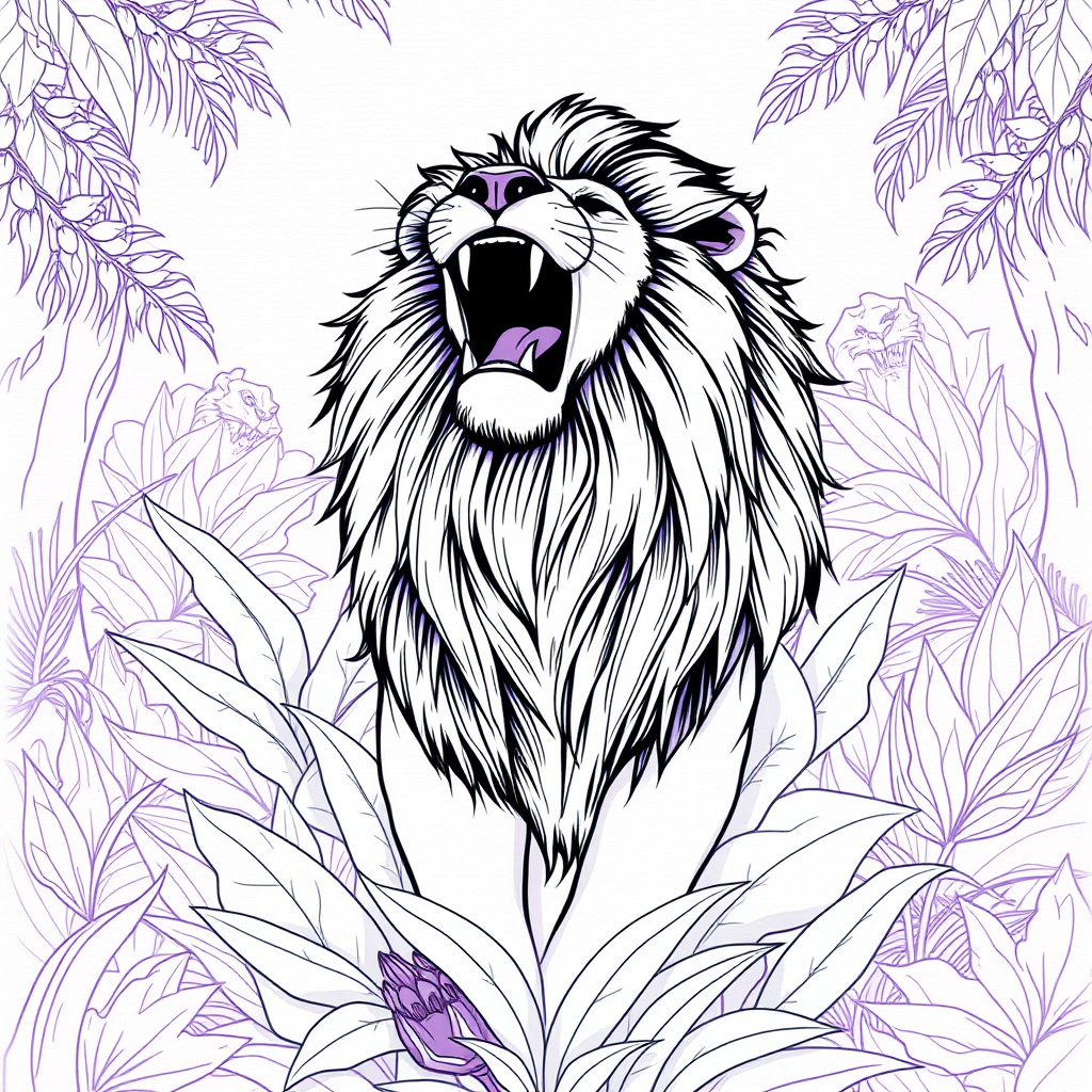 Detailed illustration of majestic lion roaring proudly in a dream-like jungle, purple white line art background, clipart on light violet paper texture