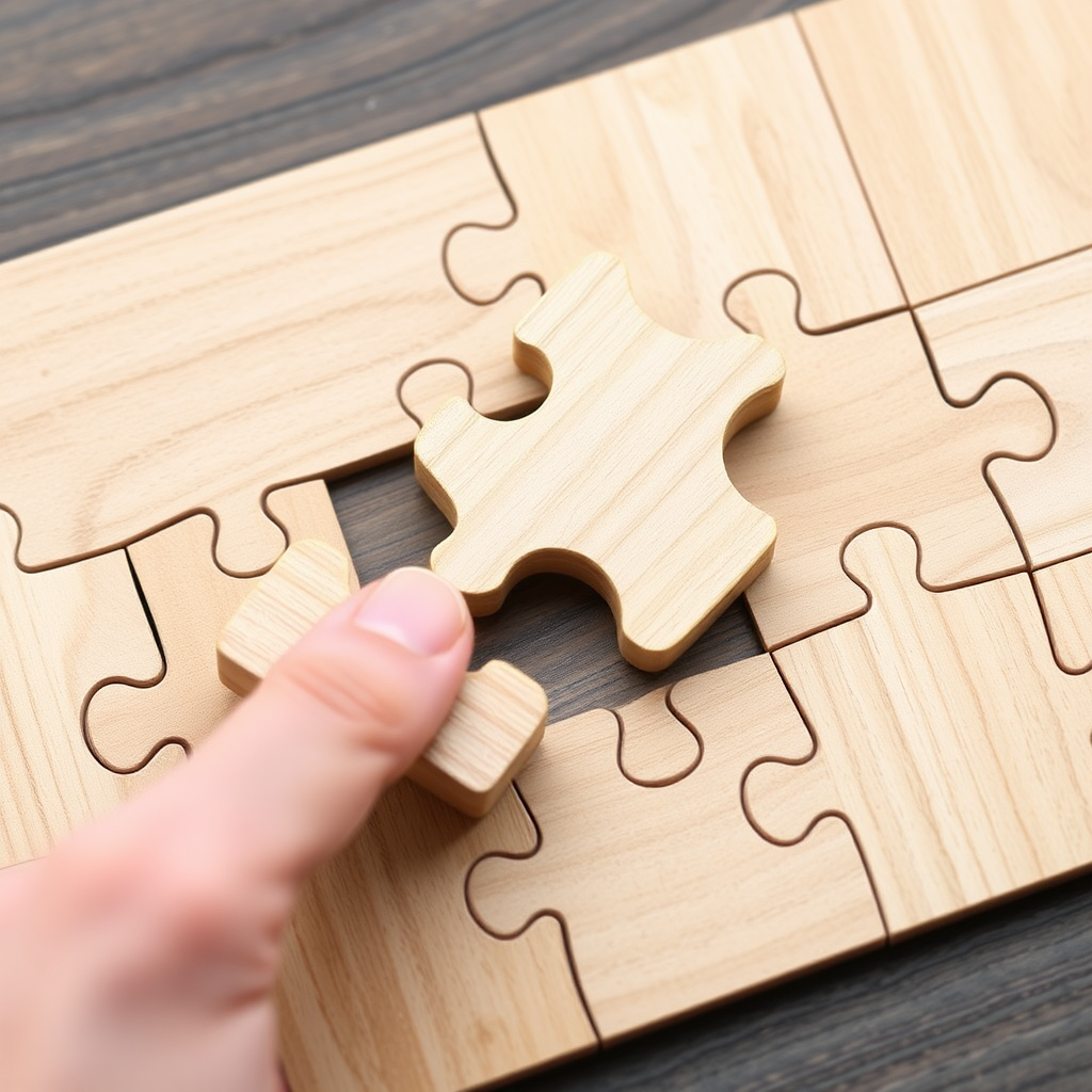 Create an image of trying to fit a missing wooden puzzle piece into a wooden puzzle that is missing a piece, but it is not suitable for the missing piece.