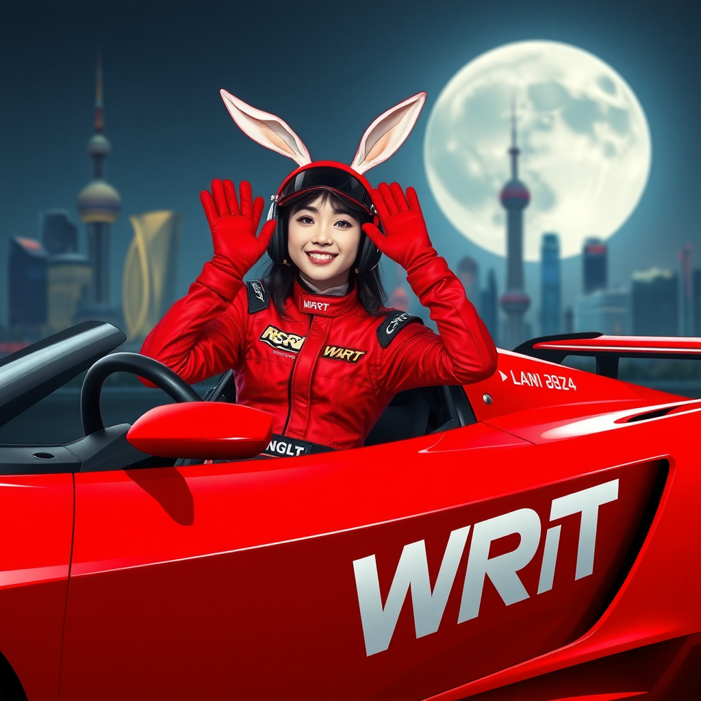 A red racing car with only "WRT" written on its body, a beautiful Chinese female racer with rabbit ears on her head, sitting in the car, joyfully waving her racing gloves. Her red racing suit also only has "WRT" written on it. The background features the night scene of Shanghai and a huge moon.