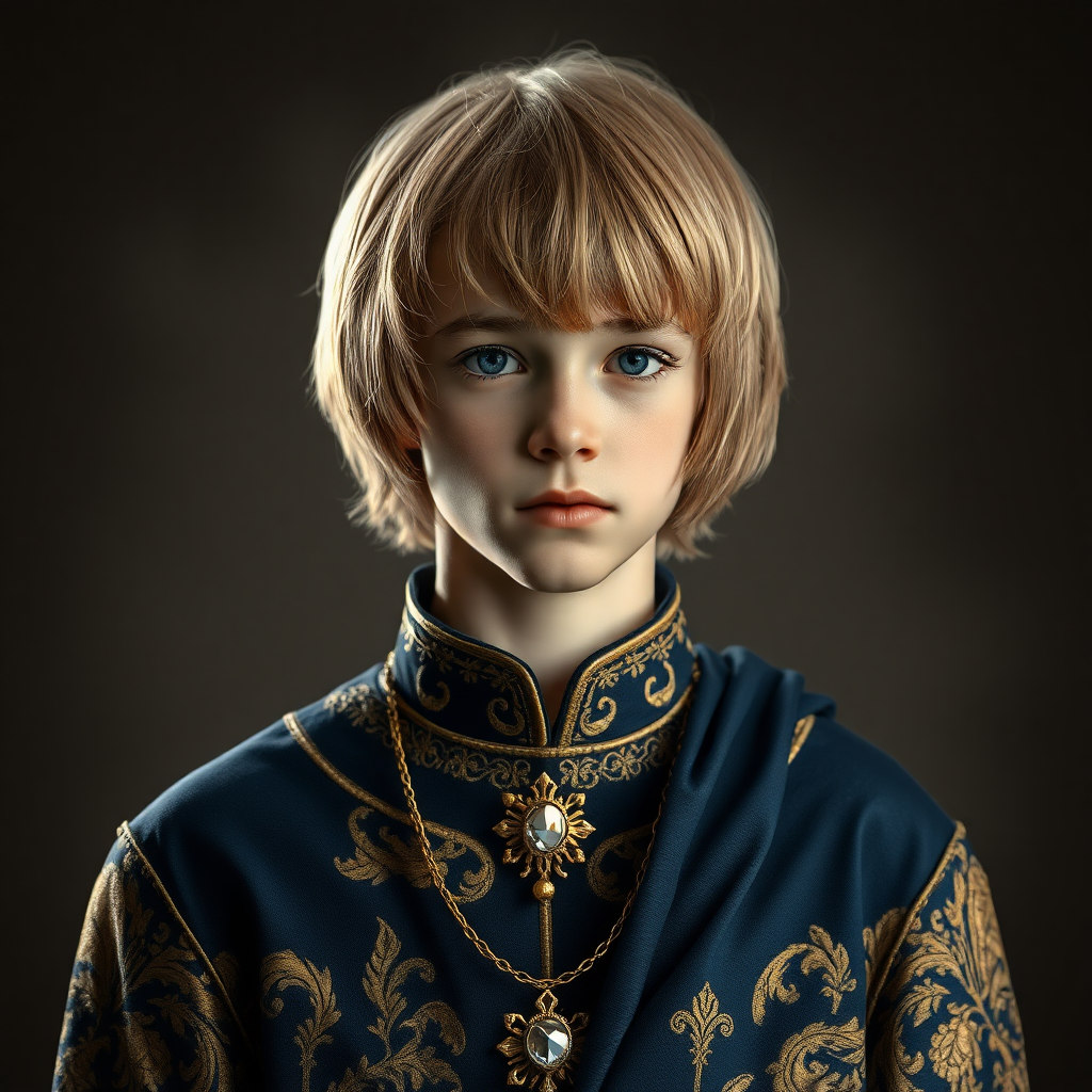 16yo teen boy prince, long bob cut, embroidered with gold and diamonds medieval cloths. 
photorealistic, ultra high resolution, 16K,