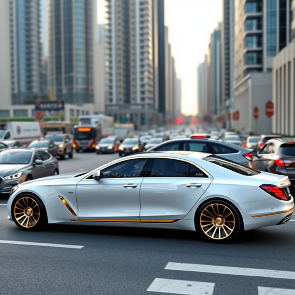 A photo of a futuristic maybach designed sedan with 4 doors. The car is white with golden ornamentation. The car is parked on a street in Dubai with heavy traffic. The background contains skyscrapers.