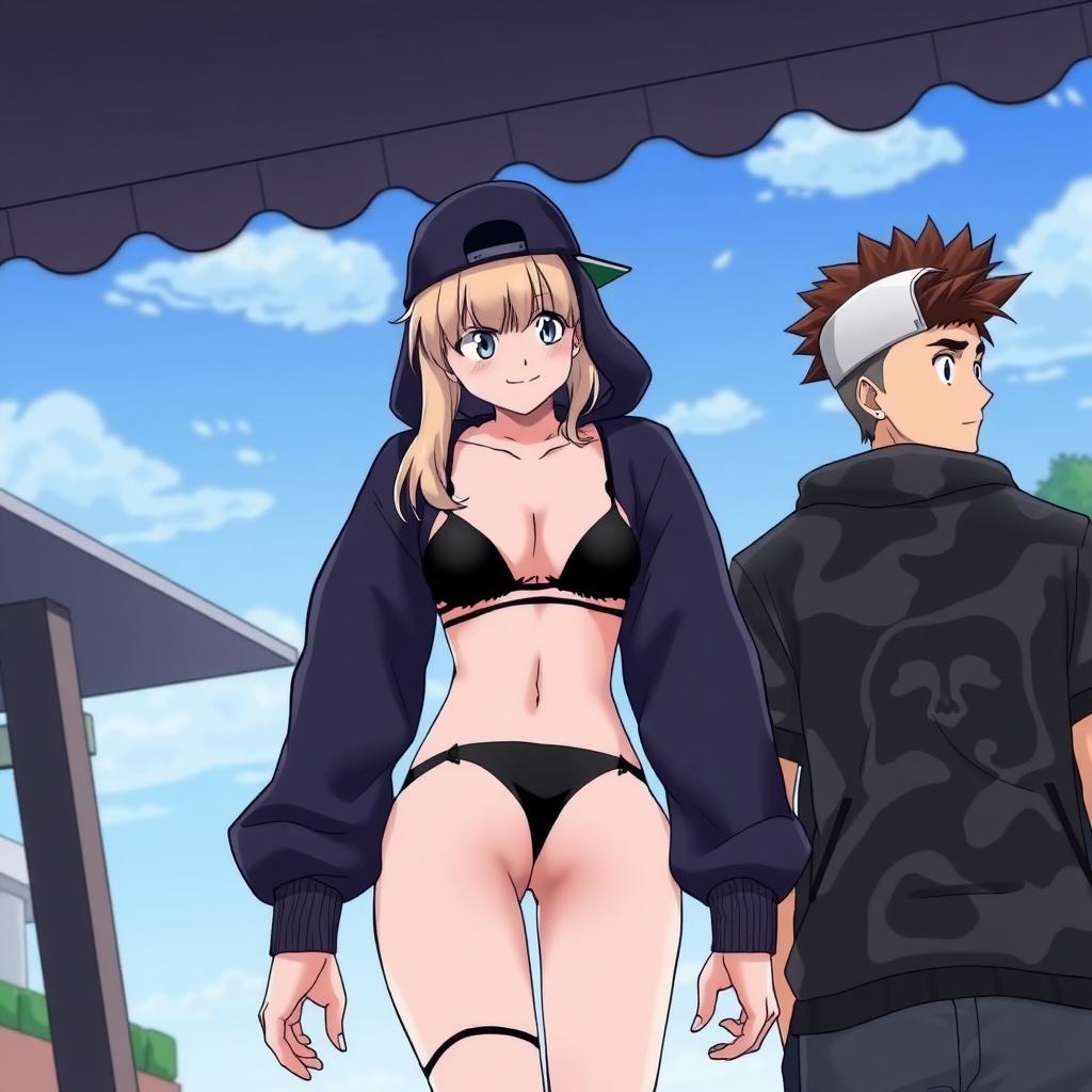 Anime scene on the back, 3 people, a white-ghetto blond girl with blue eyes wearing a black-micro bikini under a bape hoodie, a handsome white latino male with a sideways cap and brown-dark fohawk hair.