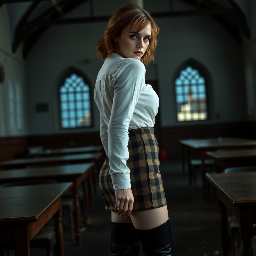 Emma Watson as Hermione Granger, tousled hair, seductive, very pale skin, natural makeup, sideboob, overknee boots made from leather, short checkered miniskirt, voluptuous butt, stained white linen shirt, necktie, flat chest, cleavage, thoughtfully looking at viewer over shoulder, full body shot, erotic, teasing, dark and moody, skin details, skin imperfections, abandoned Hogwarts classroom in background, blue hour, photorealistic, ultra high resolution, 16K, viewed from side, standing in shadows, silhouette.