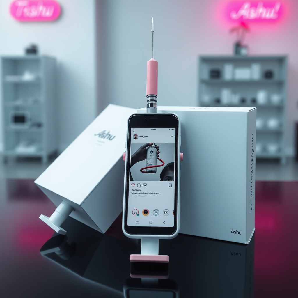 A close-up straight front view of a mobile phone in the shape inspired by a syringe, white pink futuristic, kept for sale leaning to a box with text Ashu and minimal design, in showroom, touchscreen phone with Instagram page open on screen, needle on top, whitepunk.