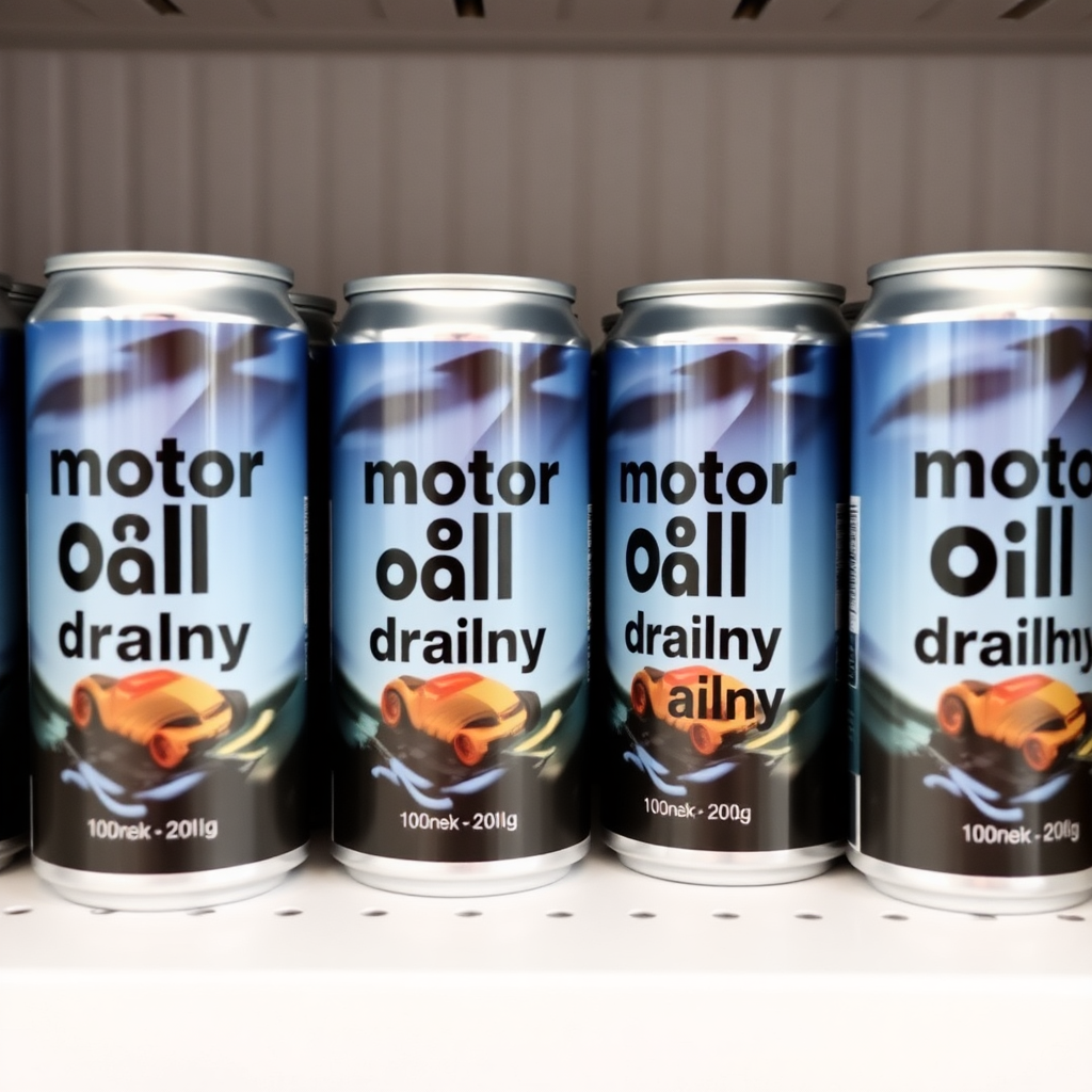 a small shelf with cans that have an image of car engine on the label and text saying "motor oil drink daily"