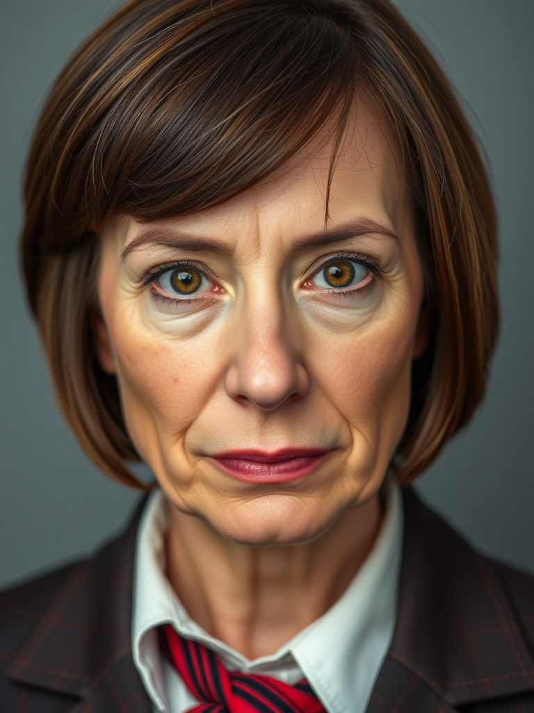 mature secretary, short brown bobcut, swept bang, brown piercing eyes, thick dark eyebrows, big nose, big mouth, big yellowish teeth, moles, skin imperfections, youthful, severe expression