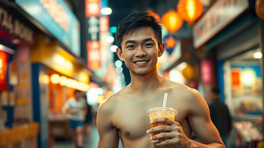 A background city street, brightly lit, blurred, a Taiwanese boy strolling through a night market, facing forward, wearing a sweet smile, with a muscular build, bare upper body, holding a bubble tea in his hand.