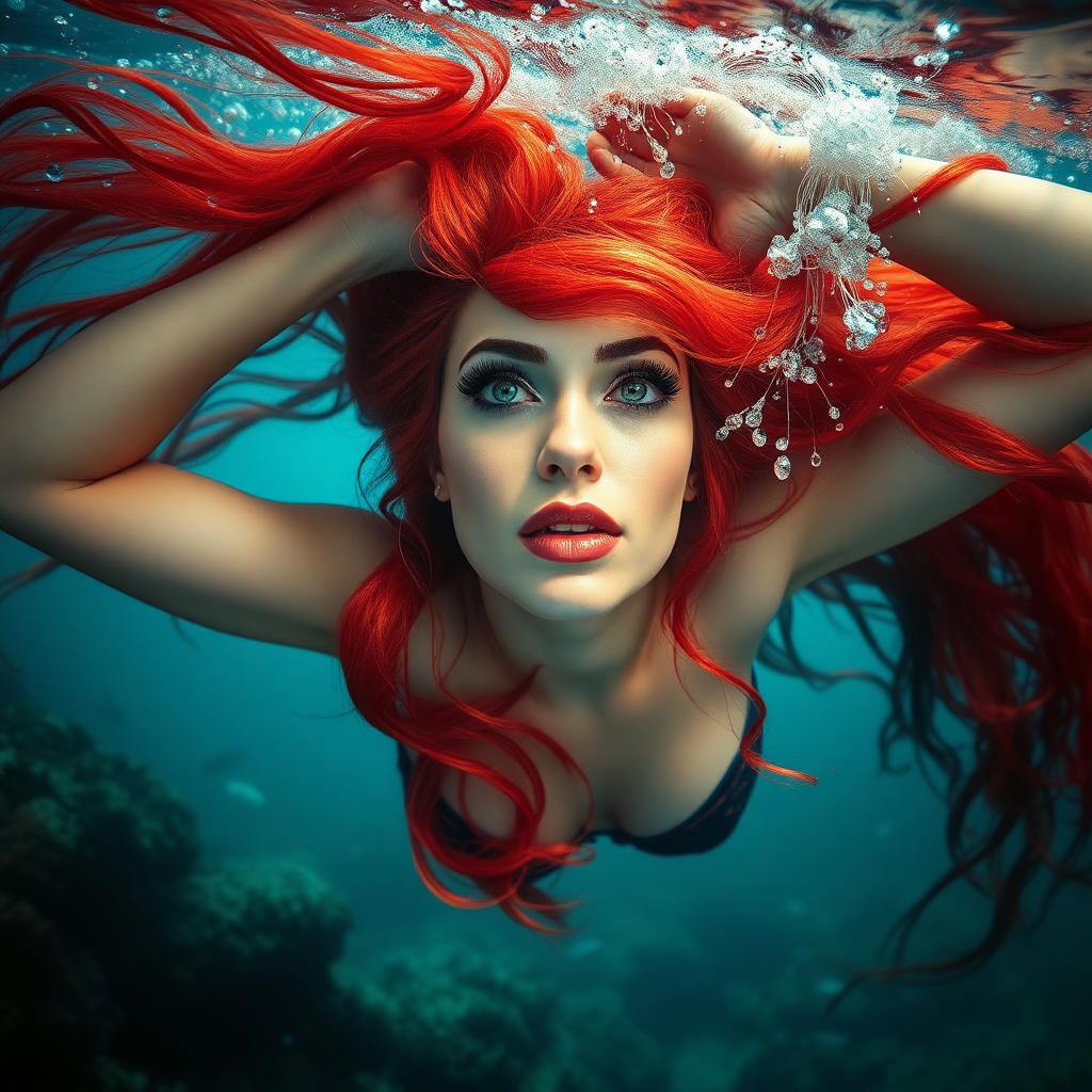 Red Sonja underwater amazing loose flowing hair floating in a nimbus around her beautiful face her arms outstretched languidly over her head. she's looking down into the viewer's eyes making intense eye contact. diaphanous gossamer. Burlesque. Stunning undersea life details plants and fish and other creatures of the sea. Amazing HD DSLR photographic output.