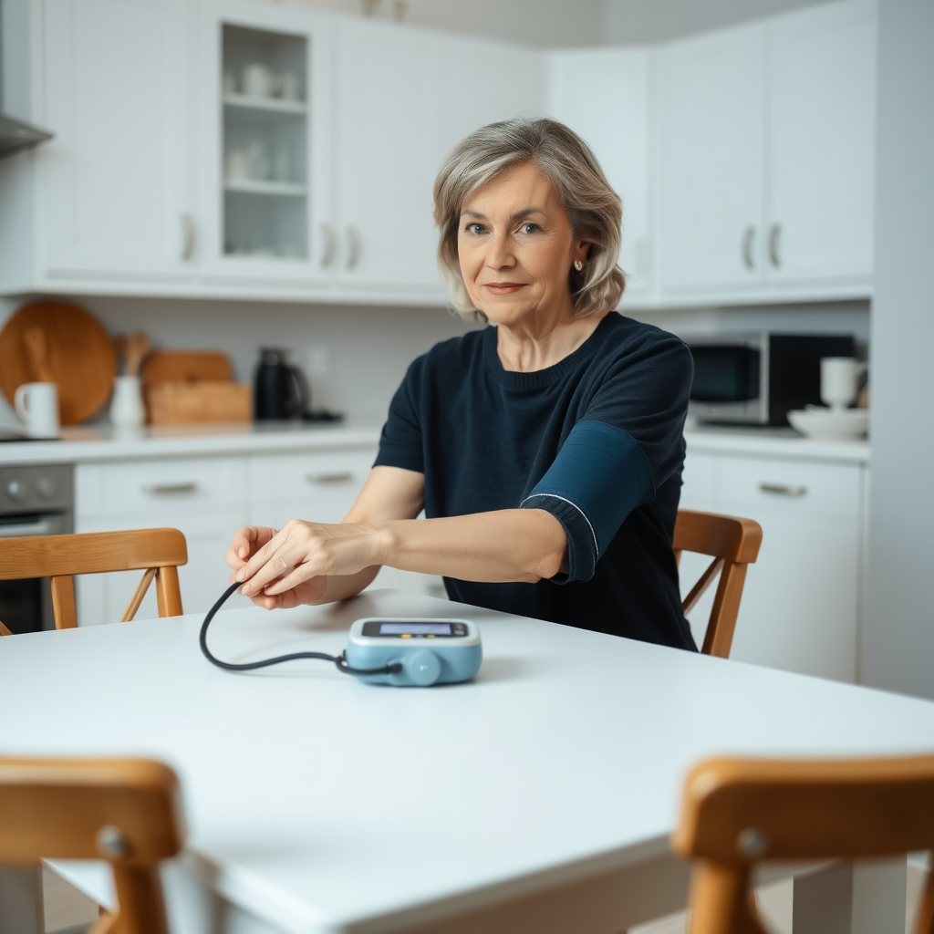 A middle aged Caucasian woman sitting at her kitchen table checking her blood pressure with a cuff BP machine. Her home is clean and uncluttered and minimalist.