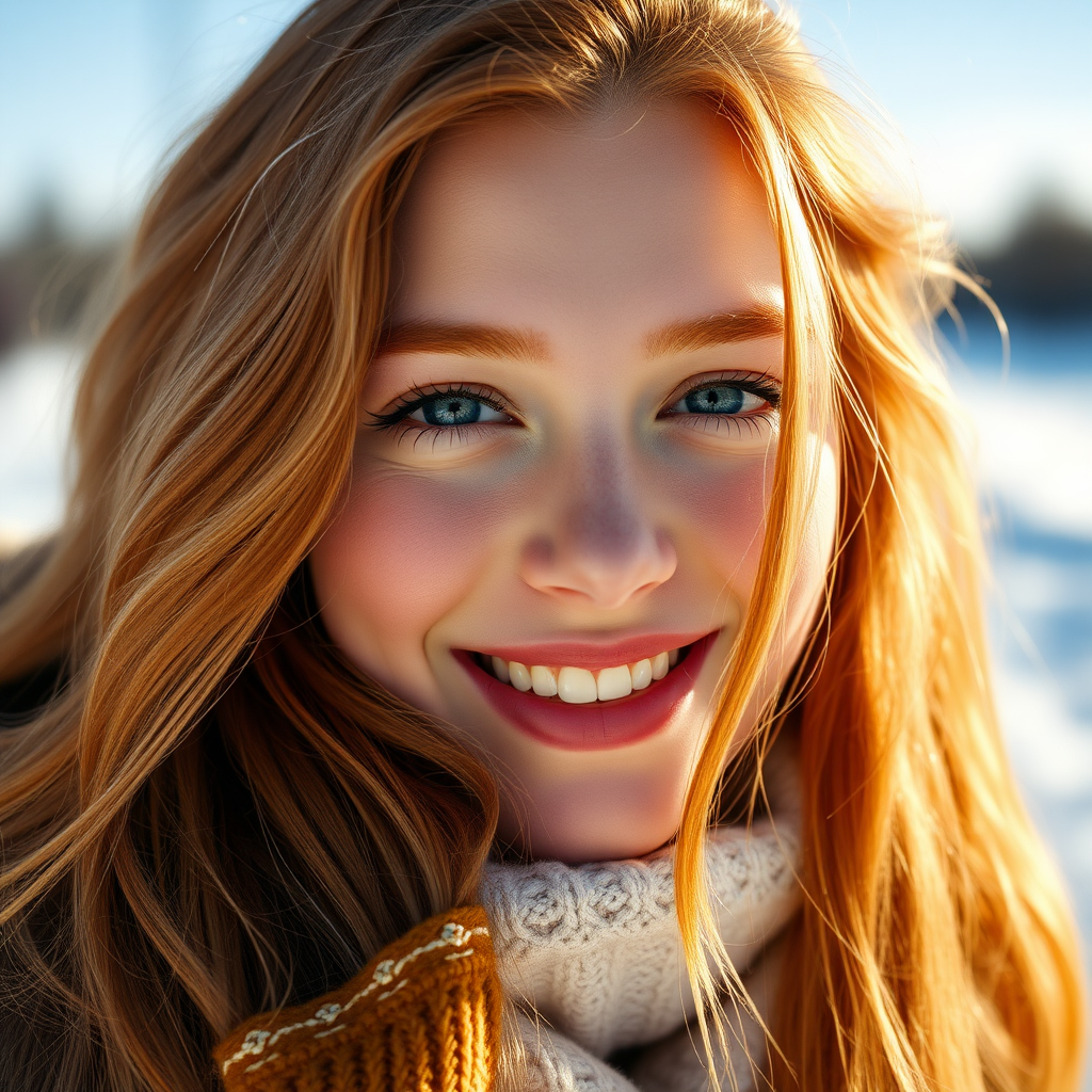 beautiful happy young woman with ginger cherry blonde long hair, full lips, perfect eyebrows, pale skin, on Alaska during winter in Anchorage on sunny snow day