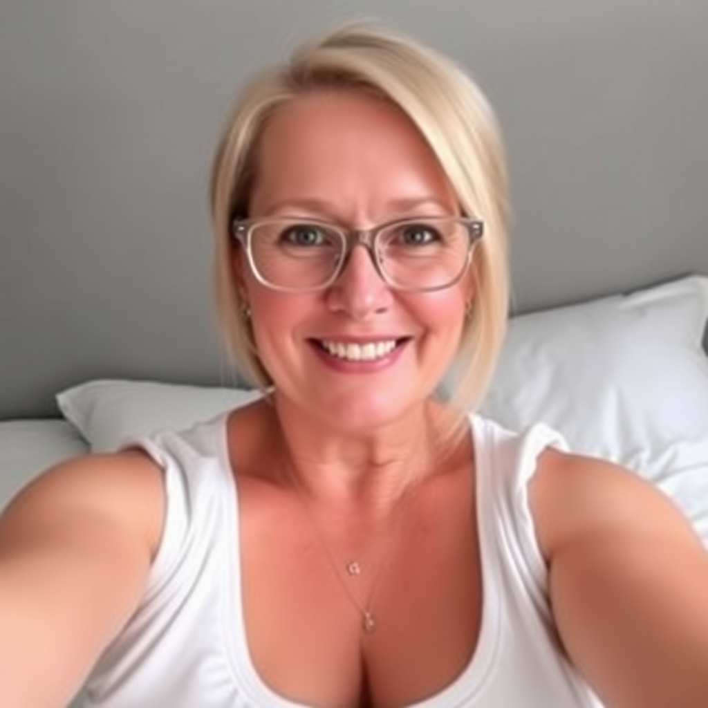 Woman, One, 40 Years old, British, Pale skin, White skin, Large chest, Thick thighs, Busty thighs, Long droopy jaw, Sharp nose, Horny face, Happy face, Open mouth, Blonde hair, Short hair, Straight hair, Brown eye color, thin Glasses, Cotton shorts, Sleeveless t-shirt, necklace, Bed, Motherly, amateur selfie