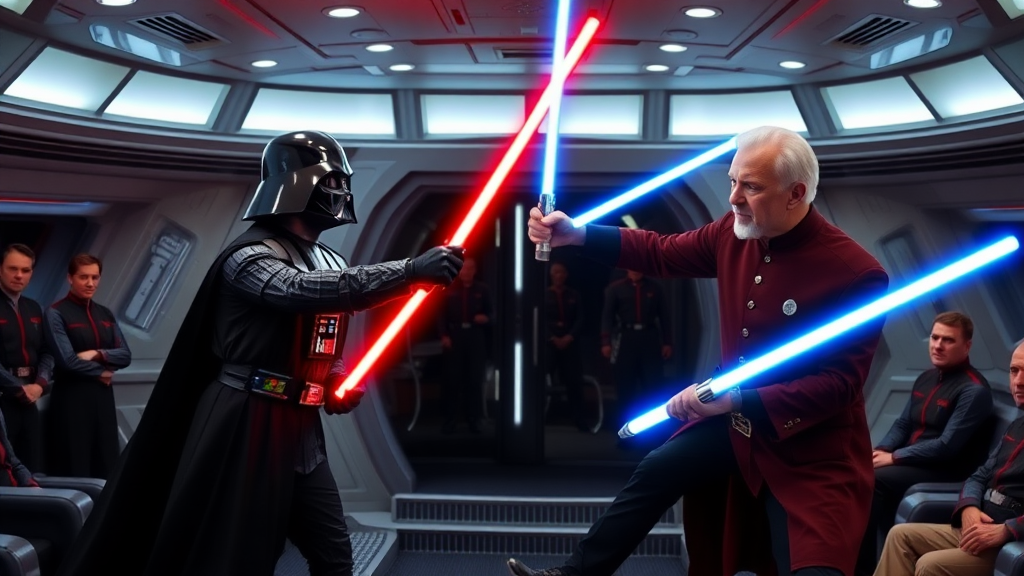 Setting, aboard the star ship enterprise bridge. Darth Vader is holding a red light saber and Patrick Stewart as captain picard is holding a blue light saber. Darth Vader and Patrick Stewart are having a light saber fight while the crew of the enterprise is watching.