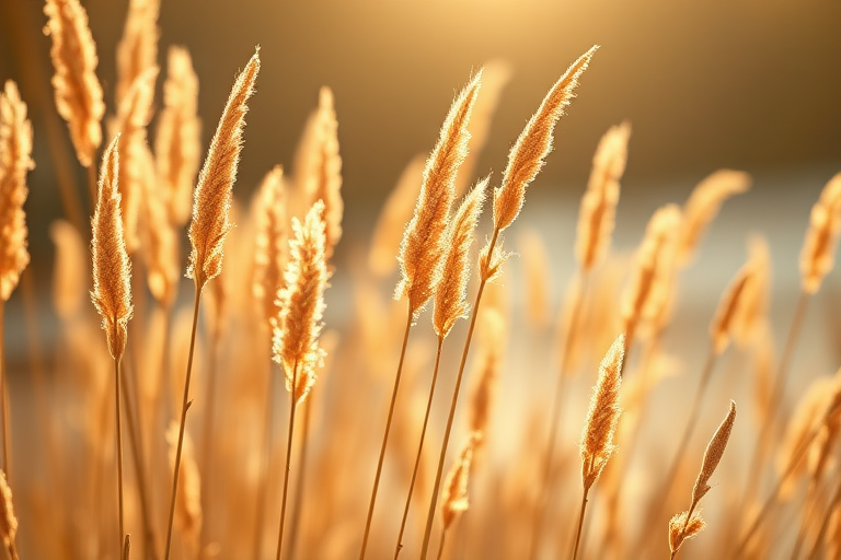 Draw the autumn reeds shining in the sunlight backlit, with the background out of focus.