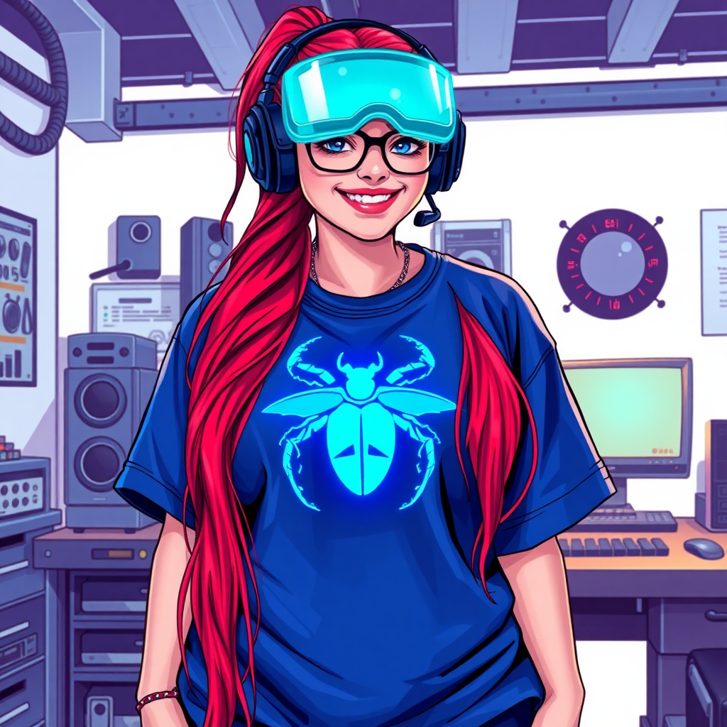 A cyberpunk vigilante’s full-figured intelligent and tech-savvy 29-year-old girlfriend, who is a computer hacker and tech genius. She has a long ruby red ponytail and bright blue eyes. She wears a sapphire beetle gemstone necklace, and an oversized maximum blue t-shirt featuring a giant neon blue glowing icon of a beetle on its chest. She has a full-figured physique with a prominently, gargantuan, well-rounded midsection, reflecting her well-cared-for lifestyle. The midsection is heavily emphasized. She sports a sapphire headset with hi-tech maximum turquoise lensed HUD visor, black eyeglasses, and a beaming smile with a passionate bright red blush. Despite her figure and a lack of self-esteem, she radiates an air of beauty. She has a slim face which contributes to her radiant beauty. She serves as his tech expert from his hideout, dutifully working at her workshop with a computer desk and tool bench. The background is solid white. She is drawn as if she was in a retro 2D cyberpunk fighting game. Ensure her shirt covers her well-rounded midsection.