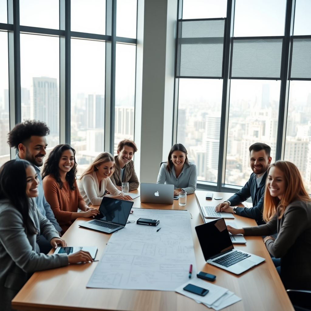 A wide shot taken with a Canon EOS 5D Mark IV using a 24mm f/2.8 lens shows a group of diverse, smiling individuals gathered around a modern, minimalist conference table. The room is bathed in natural light from floor-to-ceiling windows that overlook a bustling city skyline. In the center of the table, a collaborative project is in progress, with open laptops, documents, and a large notepad filled with brainstorming ideas. Each person is actively engaged, sharing ideas and working together. In the background, abstract geometric patterns subtly decorate the walls, symbolizing connection and growth.