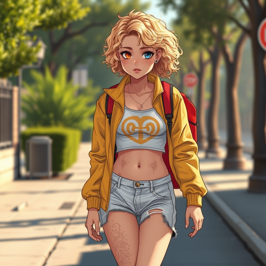 Realistic drawing style image, Extremely good quality 8k resolution drawn manga image of a 15 year old petite and short tomboy girl with golden blonde curly hair with mixed and different colored eyes for each eye and moles on her entire body and is a white American girl, Has on a Gold Jacket over a white extremely short crop top only covering her breasts and nothing more with a design on it, and has on ripped shorts and cool looking sneakers and a deep and big knife cut wound on her stomach from a huge injury she had, with a bright color backpack, ear piercings on, walking on the street to school in the morning with the beautiful sunlight lighting up her body beautifully with no tattoos.