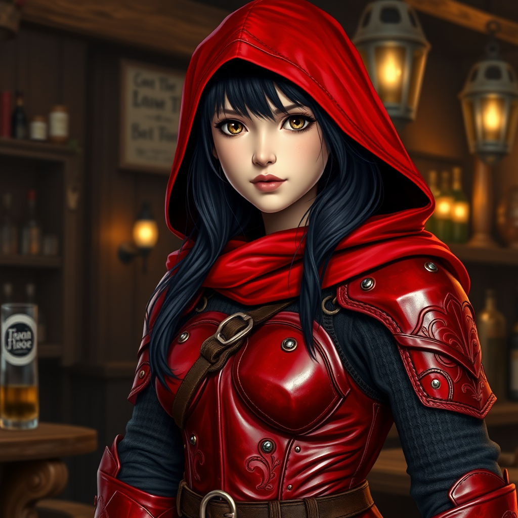 A photo realistic girl with black hair and brown eyes in red leather armor and a red hood standing at the bar in a medieval tavern