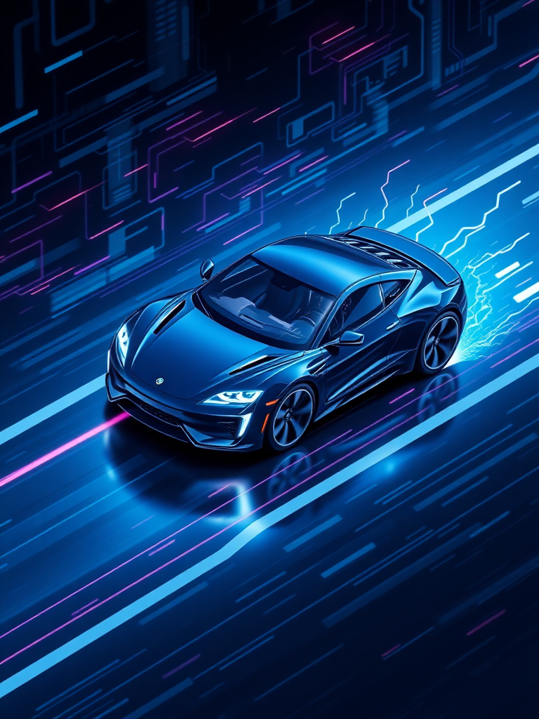 Please render a realistic 3D image of an electric car racing in cyberspace. Make the background cyber-like and express it with a sense of speed with "electric sparks". Make the overall color dark blue. Draw it in isometric view.