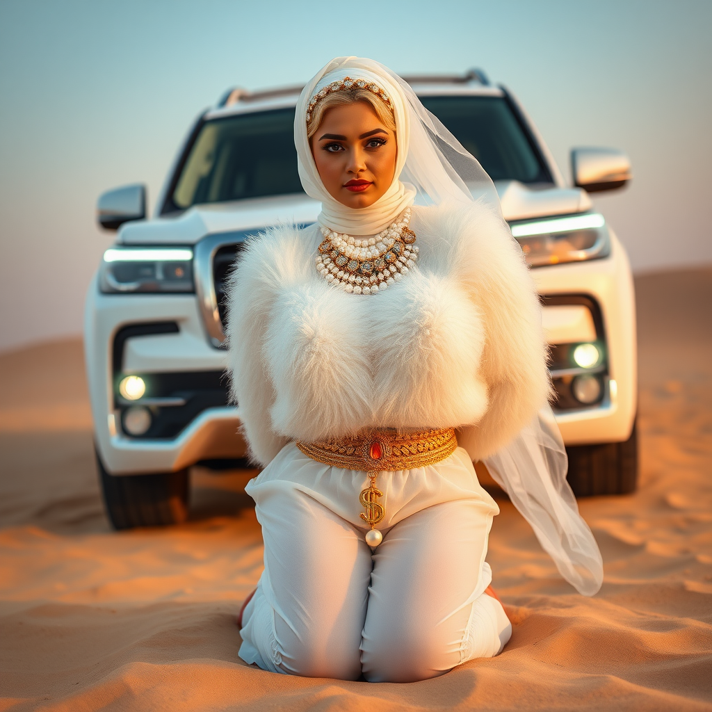 Kuwait desert dunes misty dawn, full size luxury SUV: Melissa, European 17 years old very convincing femboy “trophy-bimbo”, tamed servile docile, very beautiful feminine flawless face, rather short, by hormones very curvaceous womanly figured, platinum blond short tight curls, bold red lips, heavily made-up face, wearing Supertanya-style fluffy very fuzzy bright white angora turtleneck-poncho cropped ending under bust decorated with pearls and gemstones, striking oriental wide gold bridal protection belt, white fully transparent harem pants, full Oriental bridal jewelry including headpiece, white transparent Burka face veil, coin anklets, striking diamond “$$$” letter brooch on left chest, pout frustrated, hands tied behind back, kneeling in sand in front of SUV, looking at camera. Focus on face and turtleneck-poncho.