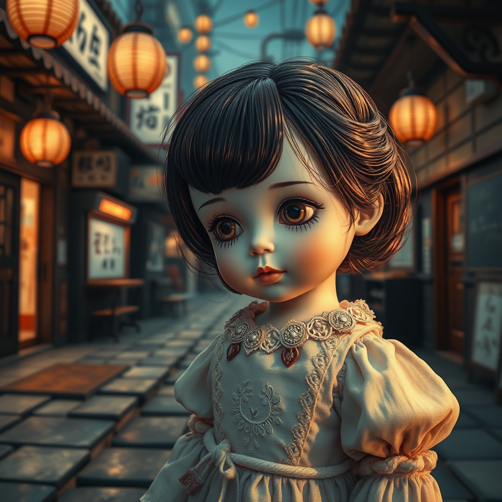 a cute porcelain doll, bjd, poster, perspective, cinematic still, high quality photo, by victo ngai, by Masamune Shirow, by wadim kashin, by audery_kawasaki, by ismail inceoglu, by amy sol, outline, hyperrealism, by klimt, intricate environment, ultra-detailed cinematic shot, impressionistic