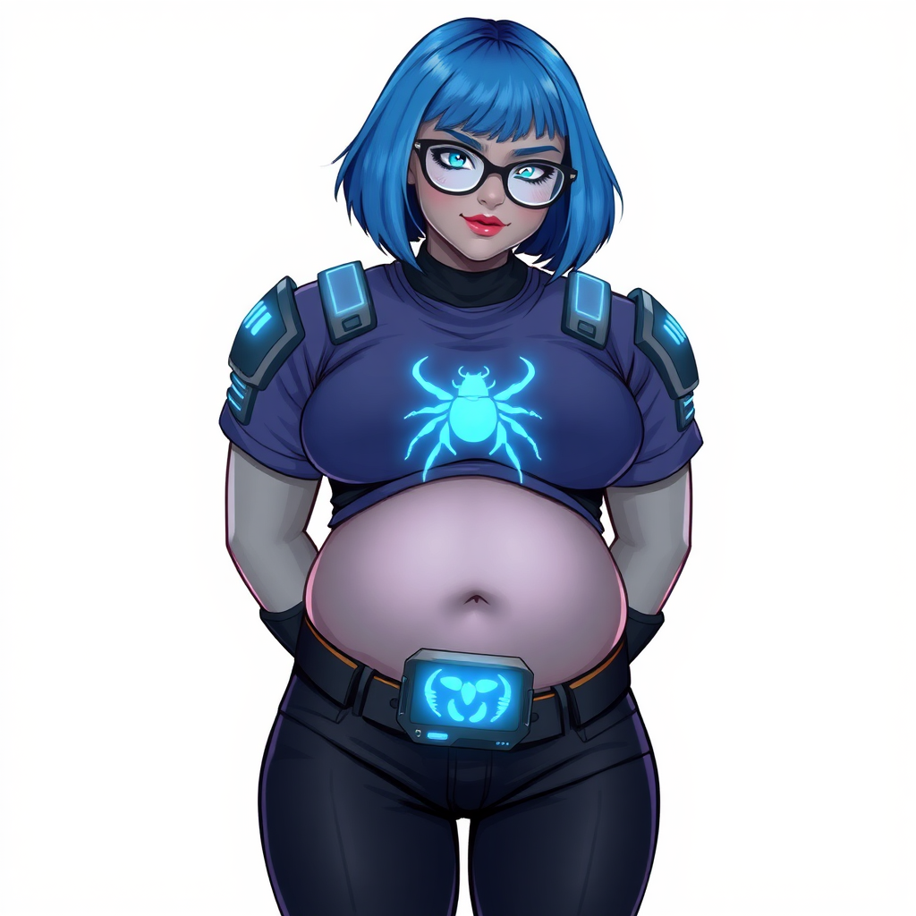 A 28-year-old, full-figured, metallic middle gray skinned cyberpunk computer program hybrid with a short maximum blue bob cut. She has a non-athletic build, highlighted by a prominent, round midsection (with a focus on her round belly). As a digital sidekick to her cyberpunk vigilante boyfriend, her middle gray metallic skin and maximum blue lipstick emphasize her digital nature. She wears a digital, computerized costume consisting of a huge, tight-fitting, neon blue glowing, digital armored, maximum blue t-shirt (accentuating her belly) with a neon blue glowing chest icon of a beetle, black digital pants, a black belt with a neon blue glowing digital beetle buckle, and black hi-tech gloves. Her bright blue eyes, black eyeglasses with lenses glowing bright neon blue, and shy smile with neon red blush accentuate her nerdiness. She bashfully bows her head (while still facing the screen) with her hands behind her back, her t-shirt covers her midsection (especially her belly) and emphasizing her full-figured, non-athletic physique. She is on a solid white background. She is drawn as if she was in a retro 2D cyberpunk fighting game. She is clearly non-athletic, with a focus on her full figure. Make sure her outfit covers all of her bare skin (especially her midsection).