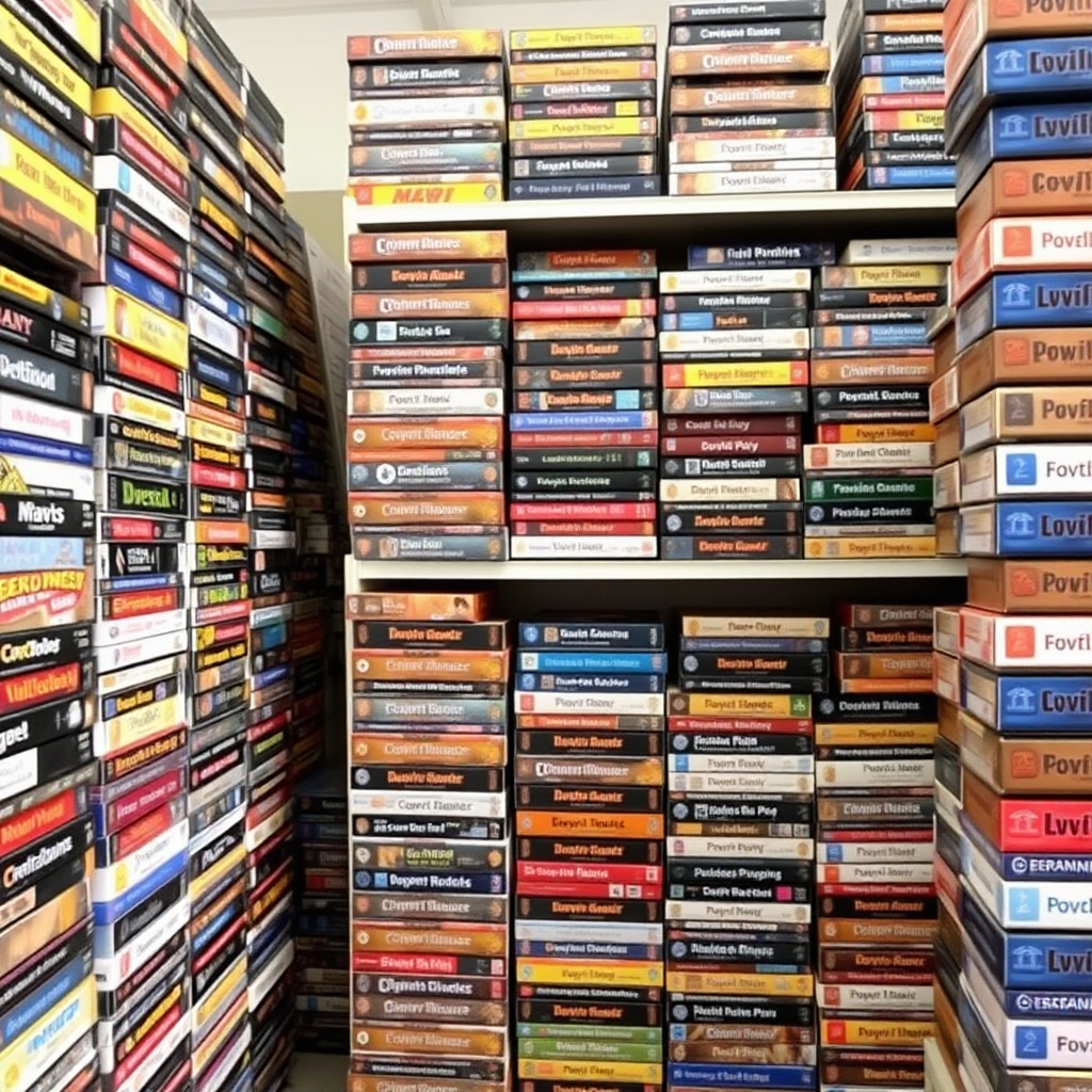 Shot of multiple shelves stacked with board game boxes vertically and horizontally, at least 300 boxes, taken at a distance of at least 3 meters. The boxes have multiple colors and sizes. Avoid boxes with black color.