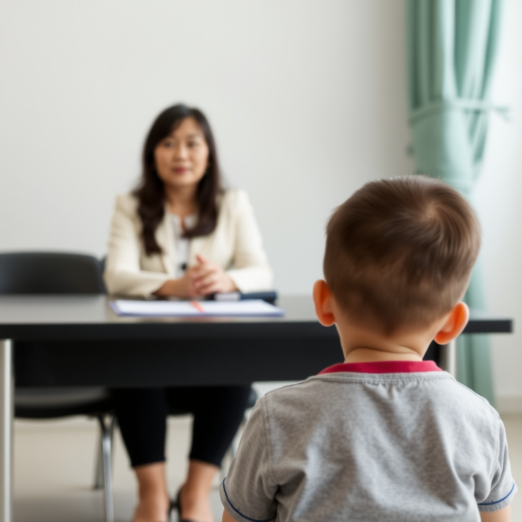 An amateur photograph, taken from behind a child. The child is sitting down in front of a table. Behind the table, a female counsellor is sitting. The counsellor is East Asian.