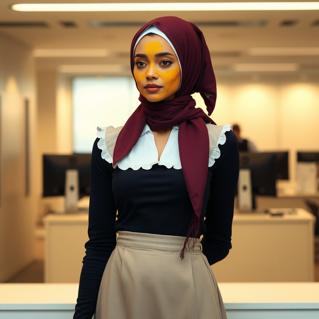 slim, modern, french maid, long scarf head, turmeric paste on face, working in office