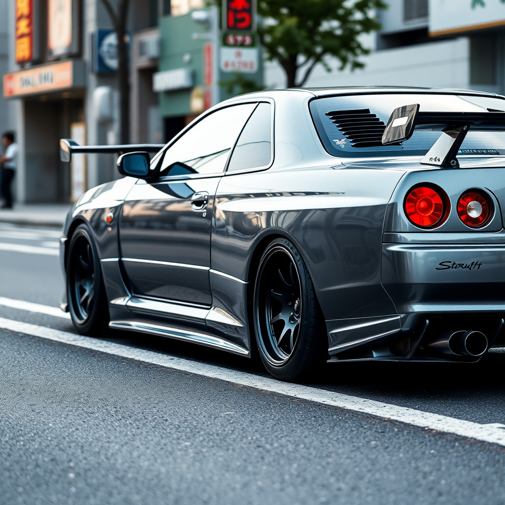 The car is parked on the side of the road, inspired by Taiyō Matsumoto, tumblr, restomod, nd4, c4 metallic shine gray black nissan skyline r34 tokyo gece cosplay kadınlar arkaplan hatasız tam eksiksiz ayrıntılı genel gerçek detaylar ödüllü en iyi fotoğraf poz