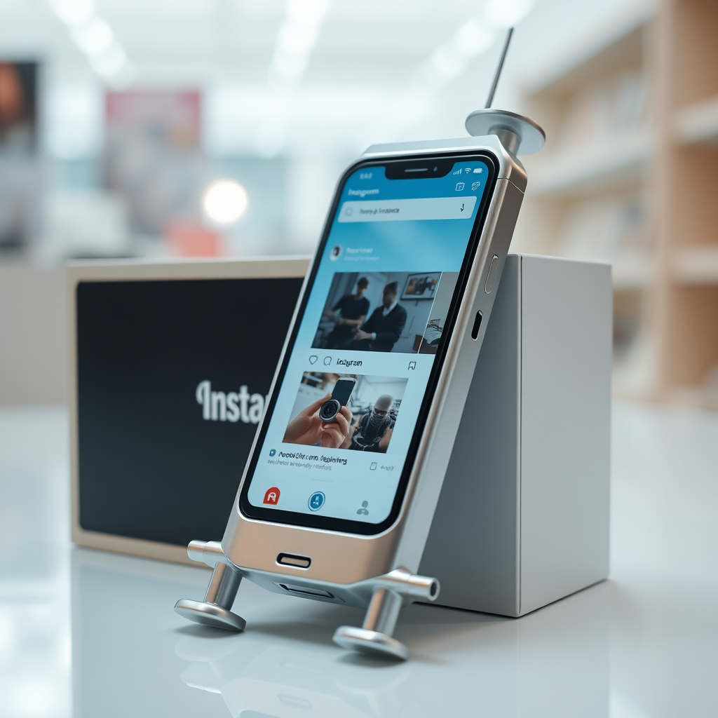 A close-up straight front view of a mobile phone in a shape inspired by a syringe, metallic futuristic, kept for sale leaning against a box, in a showroom, metallic body, touchscreen phone with Instagram page open on the screen, needle on top, whitepunk.