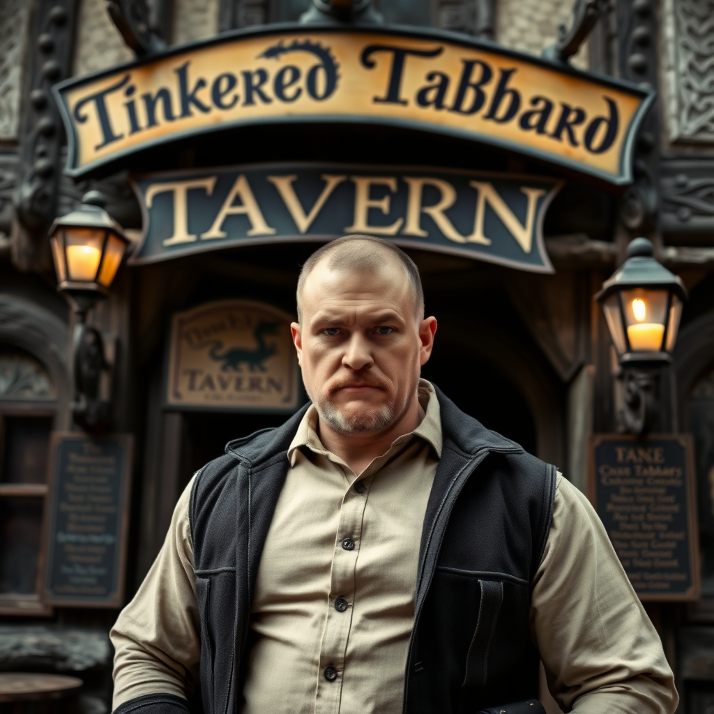 A strong, serious looking man standing in front of a medieval tavern with a sign on the front that says "Tinkered Tabbard Tavern". The sign also has a drawing of a dragon on it.