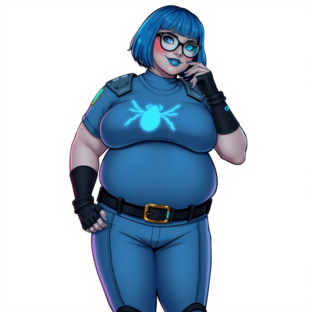 A 28-year-old, full-figured, middle gray skinned computer program hybrid with a maximum blue bob cut. She has a non-athletic build, highlighted by a prominent, round, large midsection (with heavy emphasis on her large belly). As the full-figured digital sidekick to her cyberpunk vigilante boyfriend, her middle gray metallic skin and maximum blue lipstick emphasize her digital nature. She wears a digital, computerized costume inspired by DC’s Carrie Kelly Robin, consisting of a huge, tight-fitting, maximum blue t-shirt with a neon blue glowing chest icon of a beetle, hi-tech shoulder pads with neon blue accents, a black hi-tech belt with a digital neon blue glowing buckle, digital maximum blue pants with neon blue accents, and black hi-tech fingerless biker gloves with neon blue glowing accents. Her bright blue eyes, black eyeglasses with a neon blue glowing HUD built into the lenses, and shy smile with neon red blush accentuate her nerdiness. She stands bashfully with one hand behind her back and the other hand gently touching her cheek, her costume covering all her skin and emphasizing her full-figured physique (especially her belly). She is clearly non-athletic, with a heavy focus on her large belly. Despite her build, she radiates beauty. She has a slim face compared to her physique, accentuating her radiant beauty. She is on a solid white background. She is drawn as if she were in a retro 2D cyberpunk fighting game.