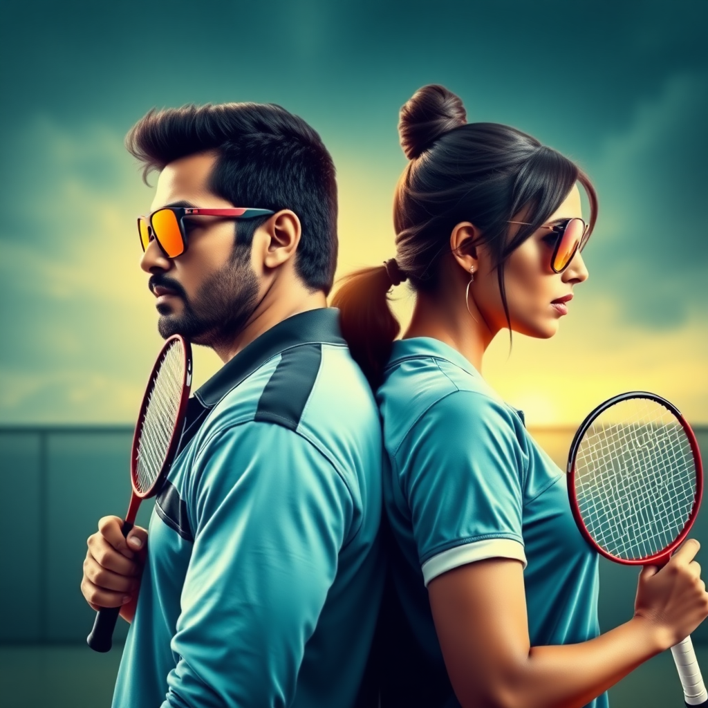 A man and a woman back to back, both wearing sunglasses, both holding badminton racquets, sports, epic movie poster, perfect, masterpiece, dramatic, bollywood,