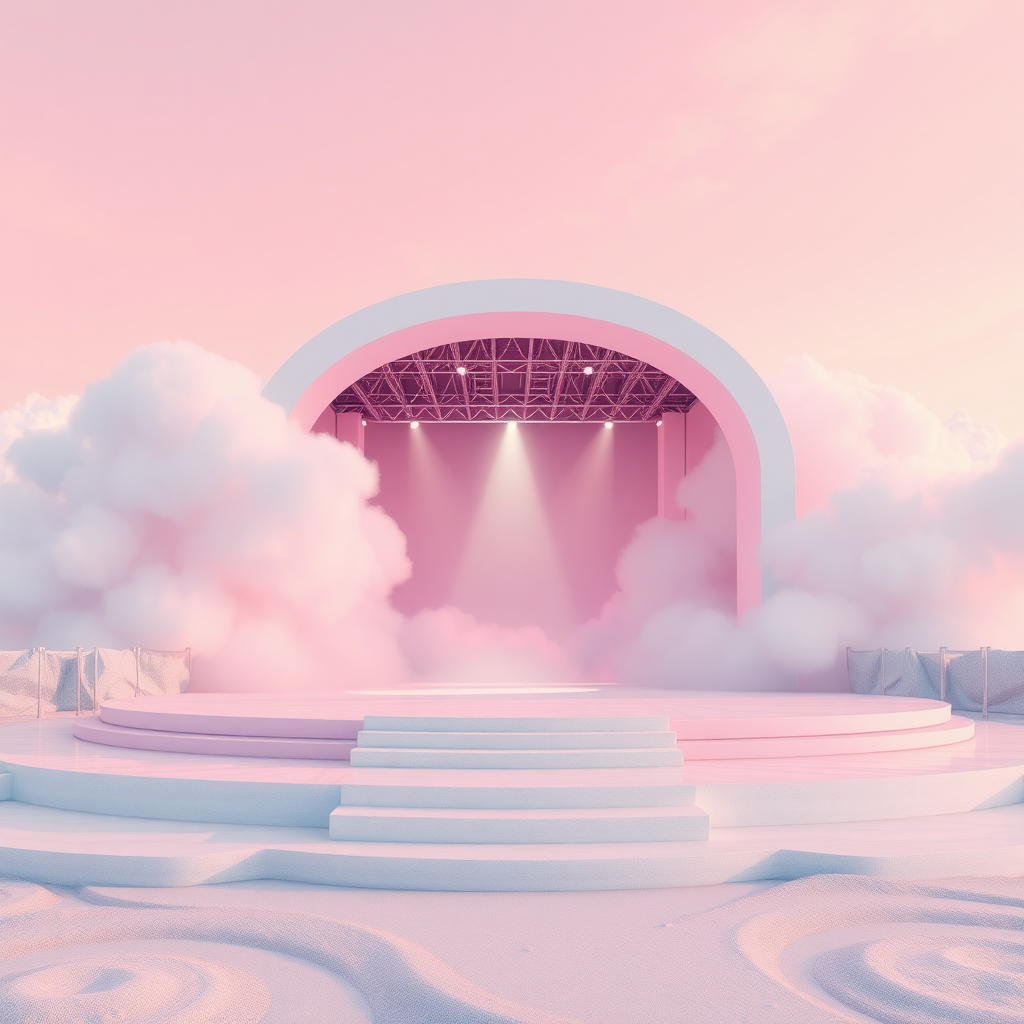 Stage, seaside stage, stage design, clouds and mist behind the stage, futurism, light piercing through the clouds, fantasy scenes, 3D animated futuristic fantasy scenes, pink, white, and light pink, animation style, gradient sky, bright lights, focused composition, close-up, low-angle shots, presented in Cinema 4D style. 3D modeling, original rendering.