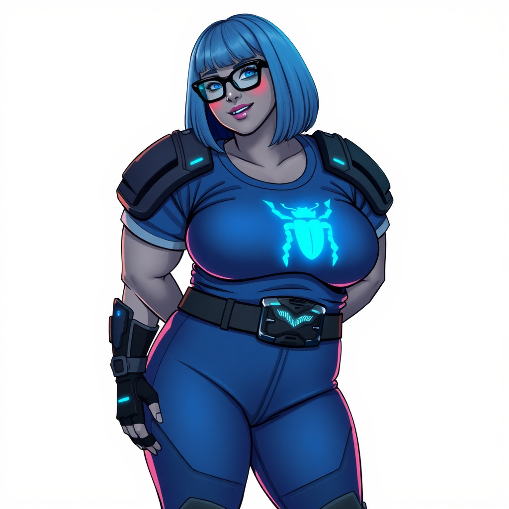 A 28-year-old, full-figured, middle gray skinned computer program hybrid with a maximum blue bob cut. She has a non-athletic build, highlighted by a prominent, round, large midsection (with emphasis on her belly), which shows the aftermath of her pampering. As the heavily pampered digital sidekick to her cyberpunk vigilante boyfriend, her middle gray metallic skin and maximum blue lipstick emphasize her digital nature. She wears a digital, computerized costume consisting of a huge, tight-fitting, maximum blue t-shirt with a neon blue glowing chest icon of a beetle, hi-tech shoulder pads with neon blue accents, a black hi-tech belt with a digital neon blue glowing buckle, digital maximum blue biker pants with neon blue accents, and black hi-tech fingerless biker gloves with neon blue glowing accents. Her neon blue glowing eyes, black eyeglasses with a neon blue glowing HUD built in its lenses, and shy smile with neon red blush accentuate her nerdiness. She stands bashfully with her hands behind her back, her costume covering all her skin and emphasizing her full-figured physique (especially her belly). She is clearly non-athletic, with a focus on her full-figured physique. Despite her build, she radiates beauty. She has a slim face compared to her physique, accentuating her radiant beauty. She is on a solid white background. She is drawn as if she was in a retro 2D cyberpunk fighting game.