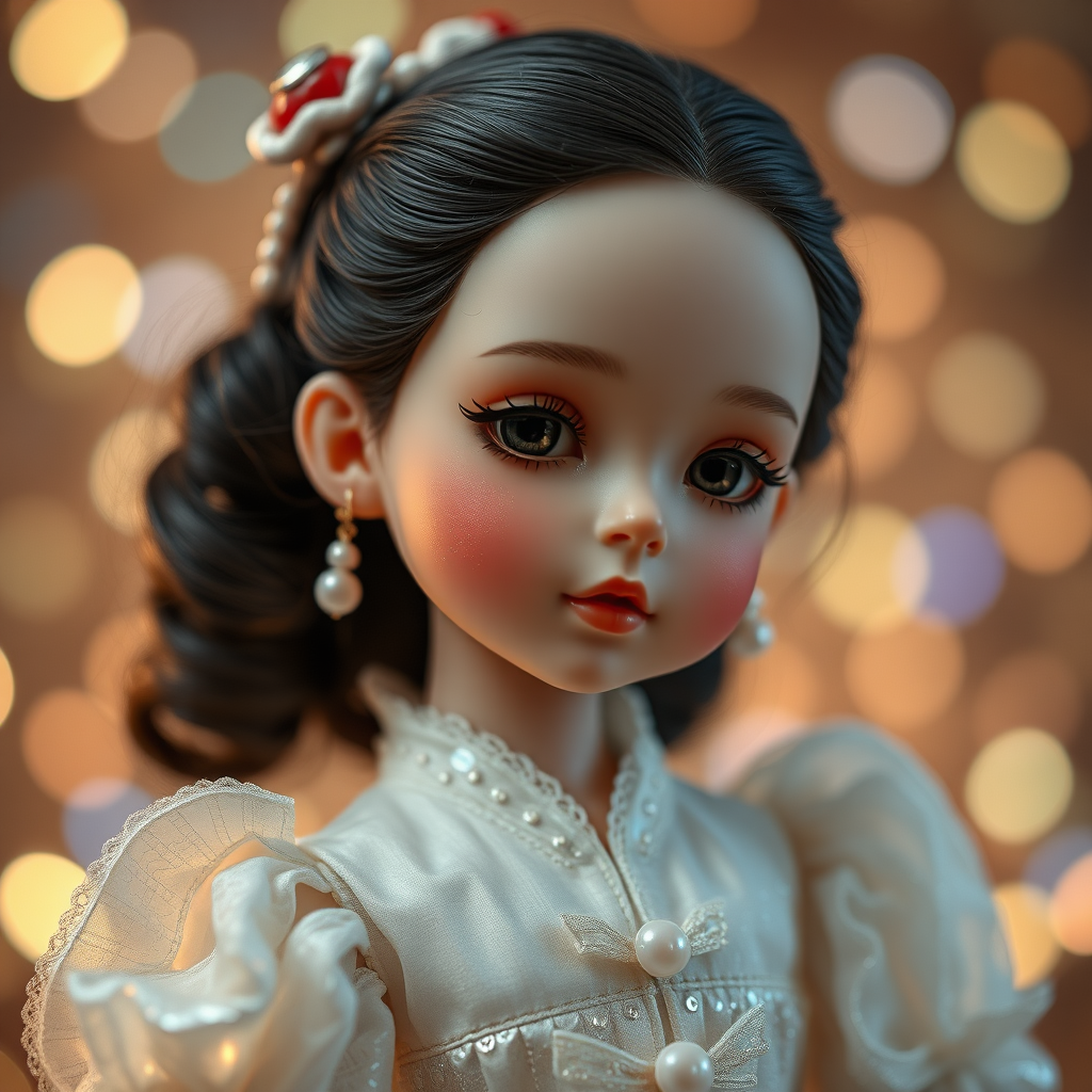 preteen artists doll, full body, bisque porcelain doll, genuine collectors doll, bjd, dreaming, Bokeh, abstract, brilliant colors, glittering, translucent, mother of pearl, opal, iridescent, natural skin, glowing, artistic photo, wide angle, cute, interesting, Victorian dress, wuxia movie