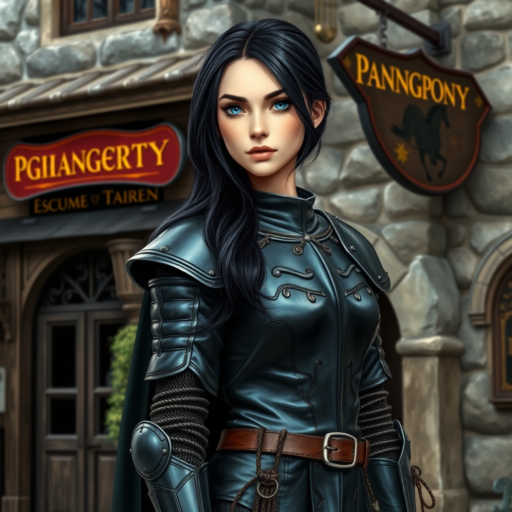 beautiful young woman, dark hair past her shoulders, blue eyes, small, slim figure, wearing full leather armor suit, long cloak, standing next to medieval tavern with sign: "Prancing Pony".