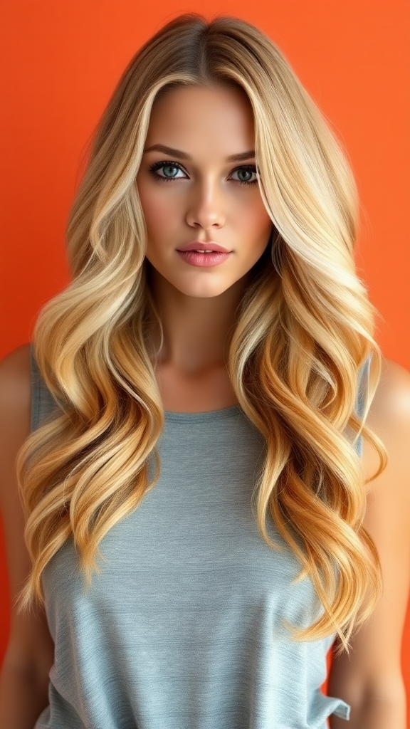 Candice Swanepoel with wavy blonde hair with orange highlights, solid color background, in high definition