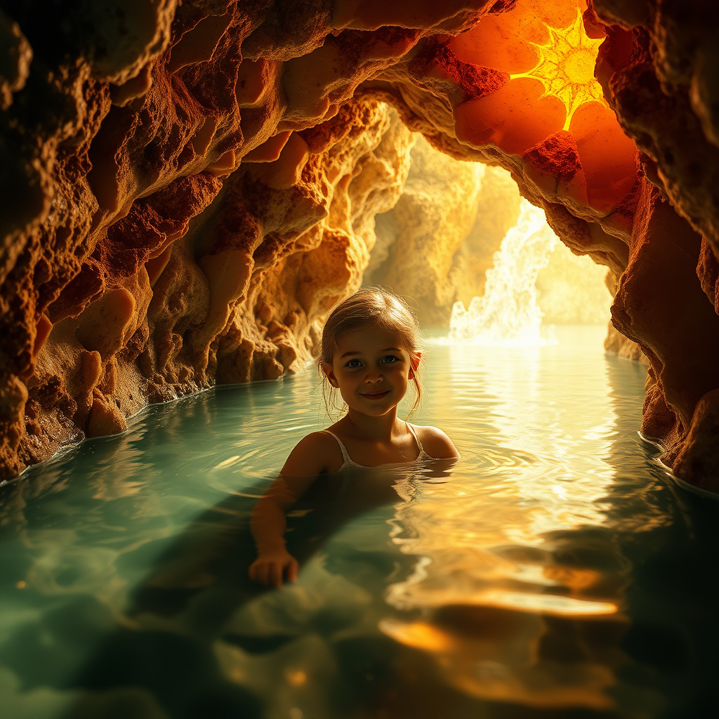 a young girl in a flooded cave, bjd, high quality photo, intricate environment, ultra-detailed, impressionistic, dynamic composition, artistic photograph, geode, alabaster, gold, fractal, intense colors, glittering, sunlight, illumination, transparency, mandelbulb